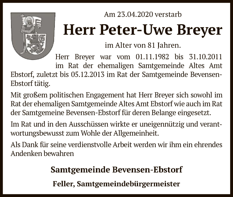  Traueranzeige für Peter-Uwe Breyer vom 02.05.2020 aus UEL