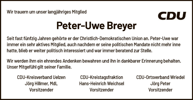  Traueranzeige für Peter-Uwe Breyer vom 02.05.2020 aus UEL