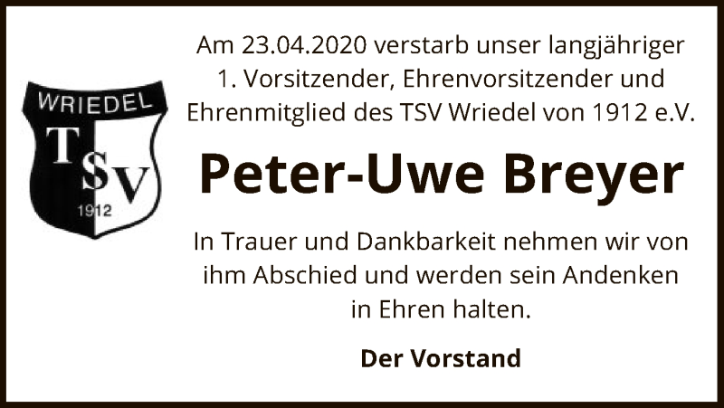  Traueranzeige für Peter-Uwe Breyer vom 02.05.2020 aus UEL