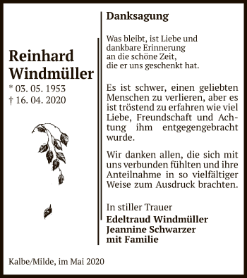 Traueranzeige von Reinhard Windmüller von UEL