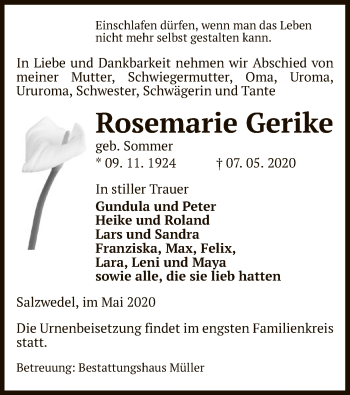 Traueranzeige von Rosemarie Gerike von UEL