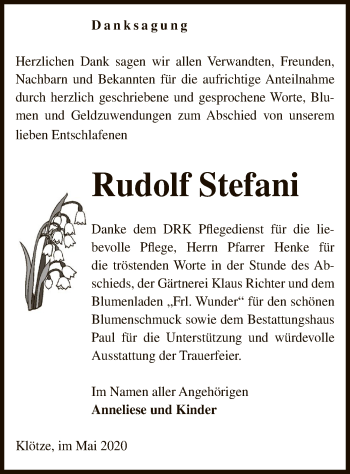 Traueranzeige von Rudolf Stefani von UEL