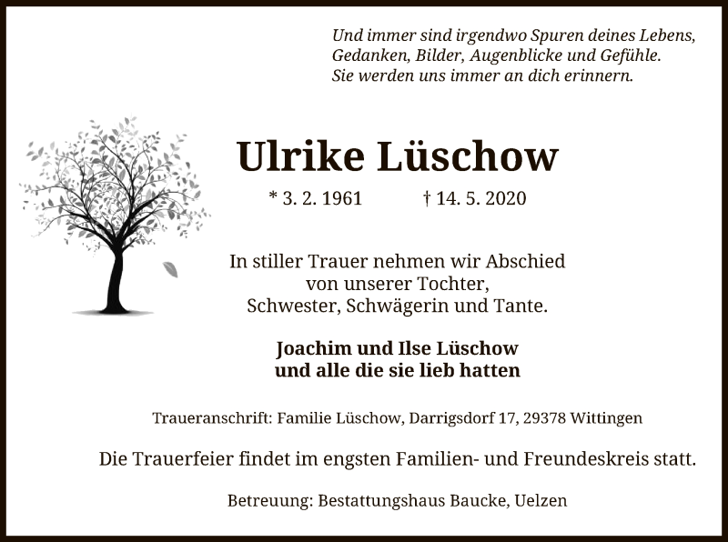  Traueranzeige für Ulrike Lüschow vom 23.05.2020 aus UEL