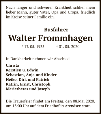 Traueranzeige von Walter Frommhagen von UEL