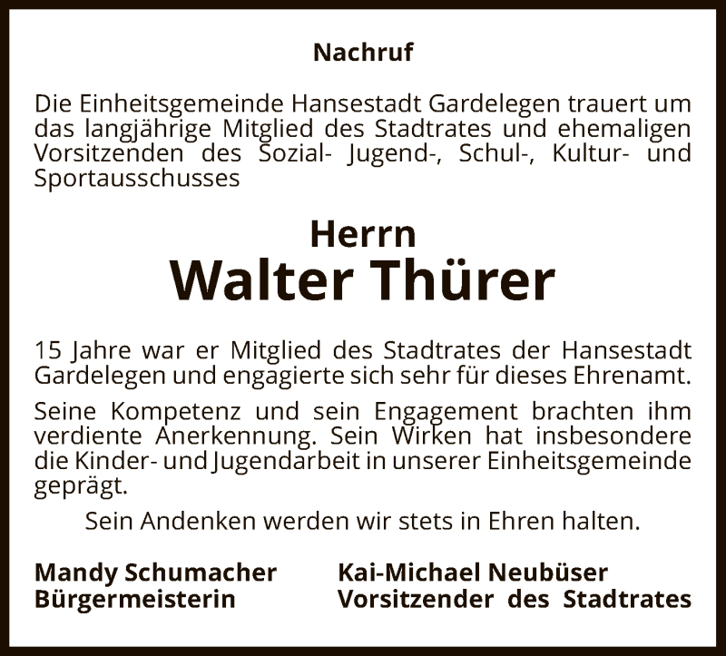  Traueranzeige für Walter Thürer vom 30.05.2020 aus UEL