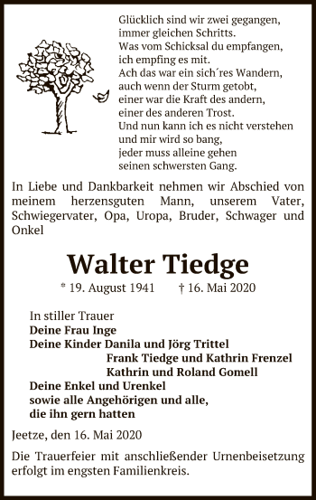 Traueranzeige von Walter Tiedge von UEL