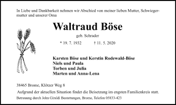 Traueranzeige von Waltraud Böse von UEL