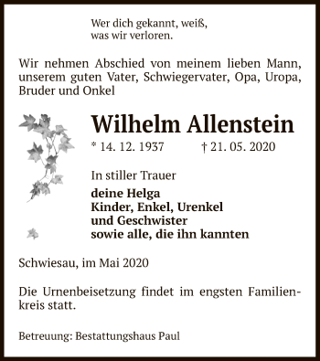 Traueranzeige von Wilhelm Allenstein von UEL