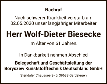 Traueranzeige von Wolf-Dieter Biesecke von UEL