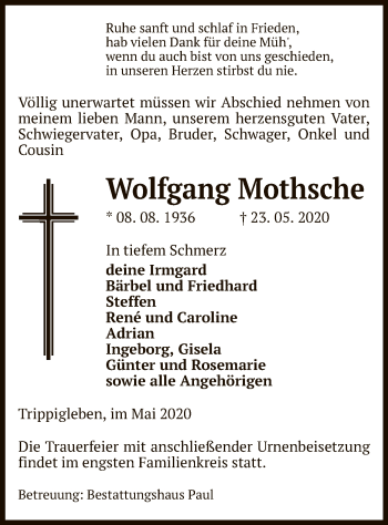 Traueranzeige von Wolfgang Mothsche von UEL