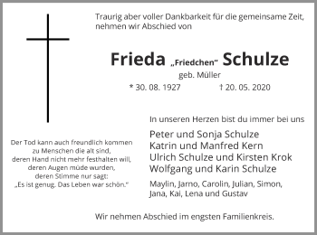 Traueranzeige von Frieda Schulze 