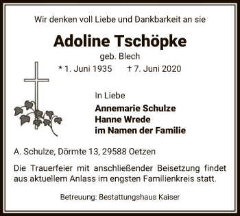 Traueranzeige von Adoline Tschöpke von UEL