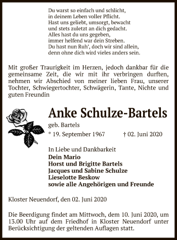 Traueranzeige von Anke Schulze-Bartels von UEL
