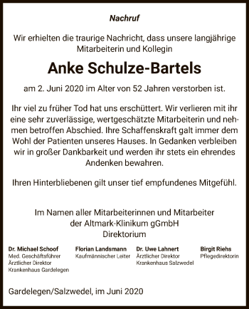 Traueranzeige von Anke Schulze-Bartels von UEL