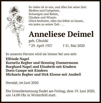 Traueranzeige von Anneliese Deimel von UEL