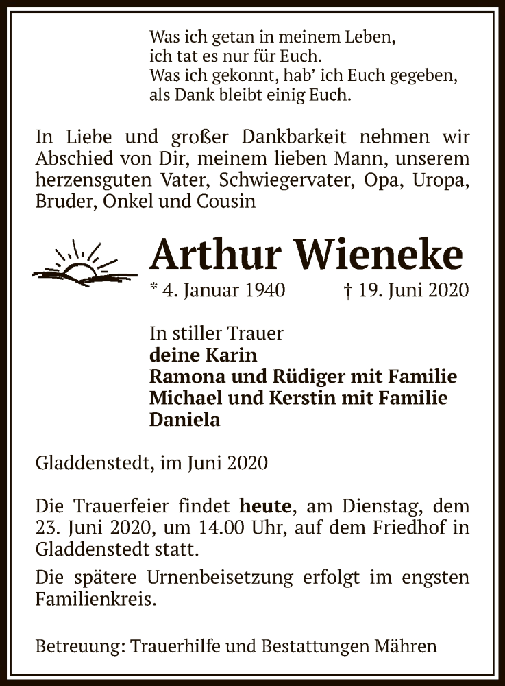  Traueranzeige für Arthur Wieneke vom 23.06.2020 aus UEL