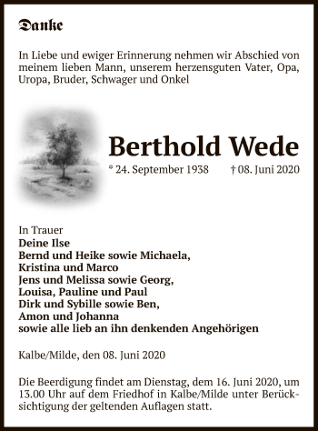 Traueranzeige von Berthold Wede von UEL