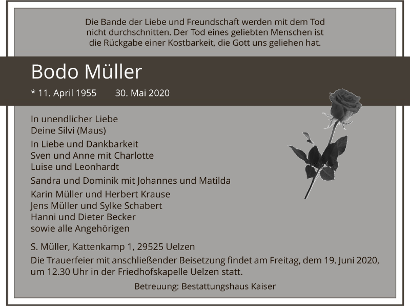  Traueranzeige für Bodo Müller vom 13.06.2020 aus UEL