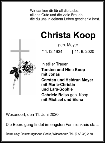 Traueranzeige von Christa Koop von UEL