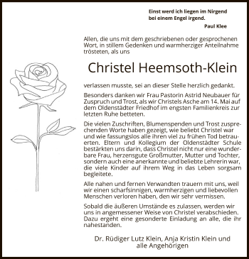 Traueranzeige von Christel Heemsoth-Klein von UEL