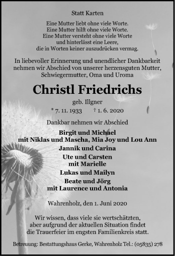 Traueranzeige von Christl Friedrichs von UEL