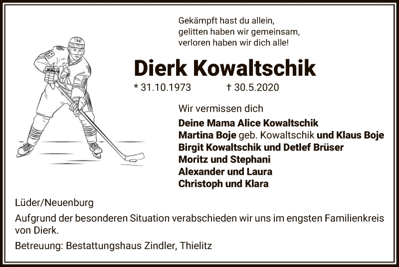  Traueranzeige für Dierk Kowaltschik vom 06.06.2020 aus UEL