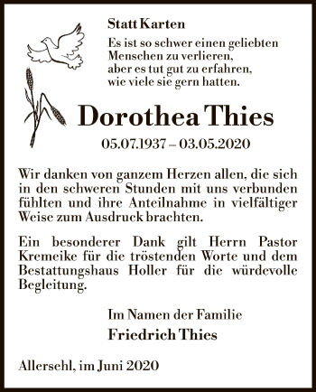 Traueranzeige von Dorothea Thies von UEL