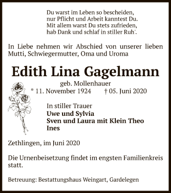 Traueranzeige von Edith Lina Gagelmann von UEL