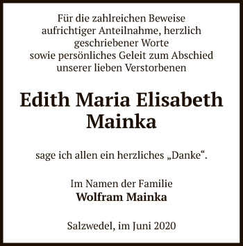 Traueranzeige von Edith Maria Elisabeth Mainka von UEL