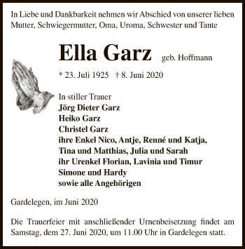 Traueranzeige von Ella Garz von UEL