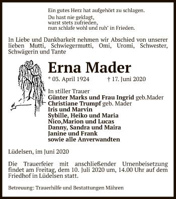 Traueranzeige von Erna Mader von UEL