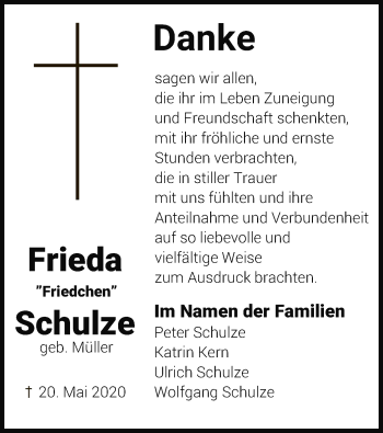 Traueranzeige von Frieda Schulze von UEL