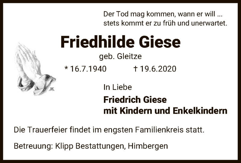  Traueranzeige für Friedhilde Giese vom 27.06.2020 aus UEL
