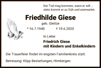 Traueranzeige von Friedhilde Giese von UEL