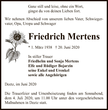 Traueranzeige von Friedrich Mertens von UEL