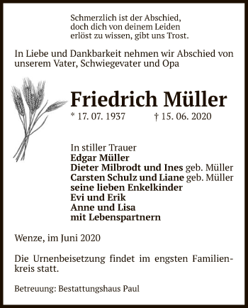 Traueranzeige von Friedrich Müller von UEL