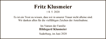 Traueranzeige von Fritz Klusmeier von UEL