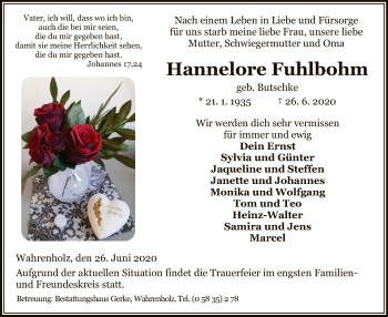 Traueranzeige von Hannelore Fuhlbohm von UEL