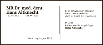 Traueranzeige von Hans Altknecht von UEL