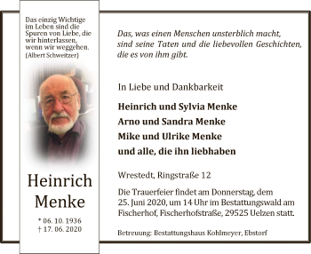 Traueranzeige von Heinrich Menke von UEL