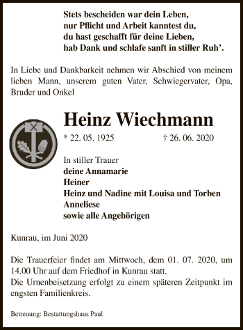 Traueranzeige von Heinz Wiechmann von UEL