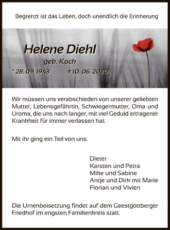 Traueranzeige von Helene Diehl von UEL