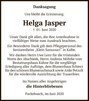 Traueranzeige von Helga Jasper von UEL