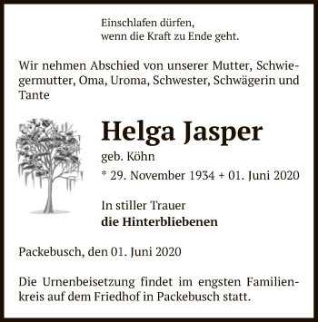 Traueranzeige von Helga Jasper von UEL