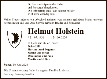 Traueranzeige von Helmut Holstein von UEL