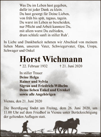 Traueranzeige von Horst Wichmann von UEL