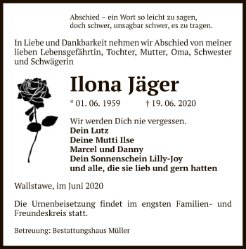 Traueranzeige von Ilona Jäger von UEL