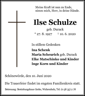 Traueranzeige von Ilse Schulze von UEL