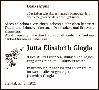 Traueranzeige von Jutta Elisabeth Glagla von UEL