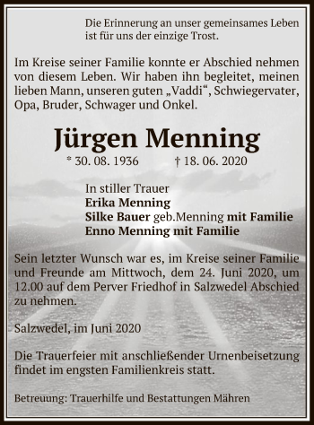 Traueranzeige von Jürgen Menning von UEL